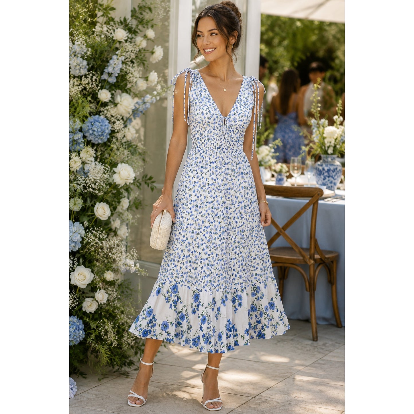Shoshanna Helena Dress | Blue Floral Midi Sleeveless Viscose | Women's 8