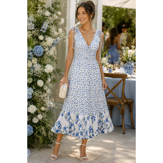 Shoshanna Helena Dress | Blue Floral Midi Sleeveless Viscose | Women's 8