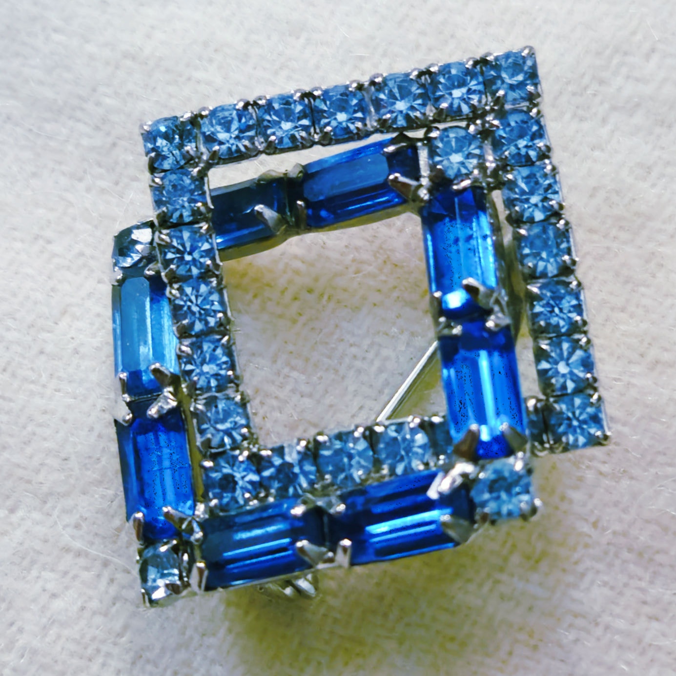Vintage Art Deco Square Blue Rhinestone Brooch | Mid Century Statement Pin