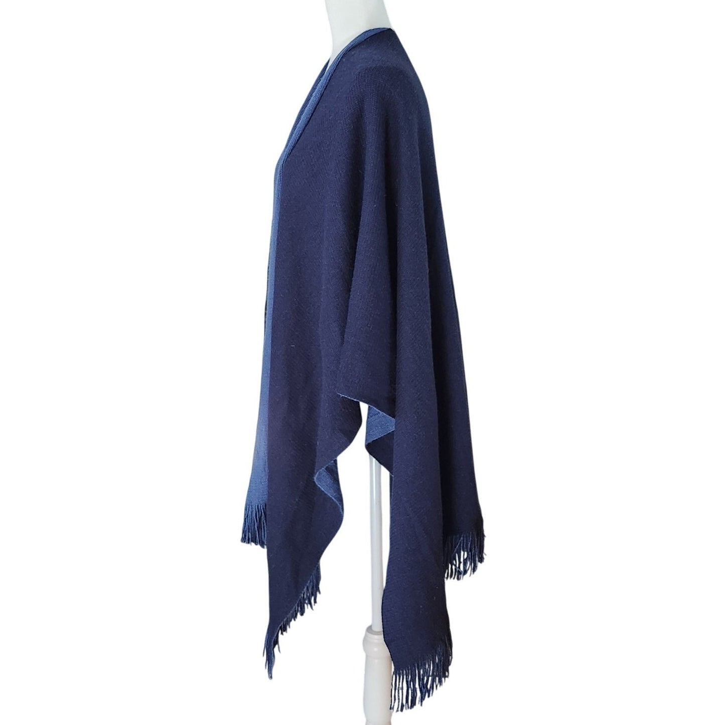 Wool & Rayon Blend Shawl Wrap | Two-Tone Navy & Periwinkle | Reversible Fringe Trim | One Size