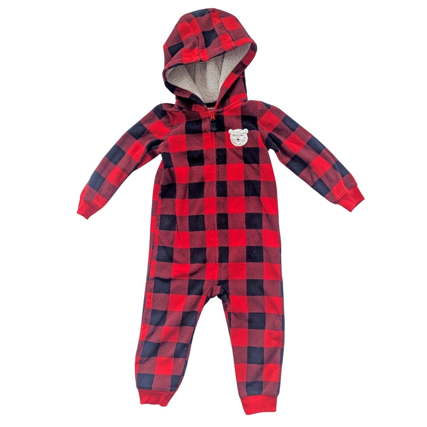 Red Buffalo Plaid Fleece Hooded Jumpsuit | Size 24M | Sherpa Lined Teddy Bear Patch