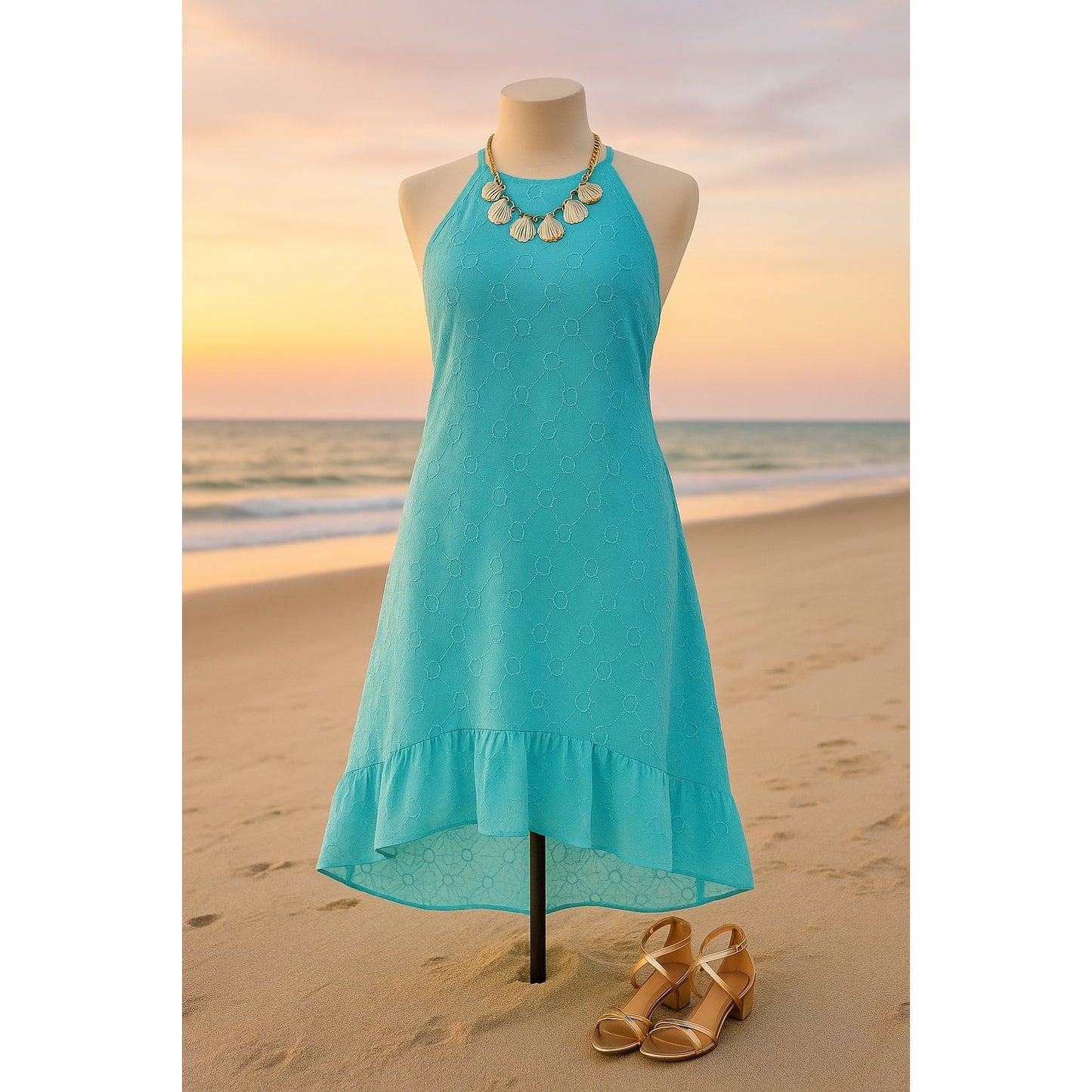 Lauren Ralph Lauren Turquoise Eyelet Embroidered Hi-Lo Halter Dress | Women's Size 8P | Ruffle Hem