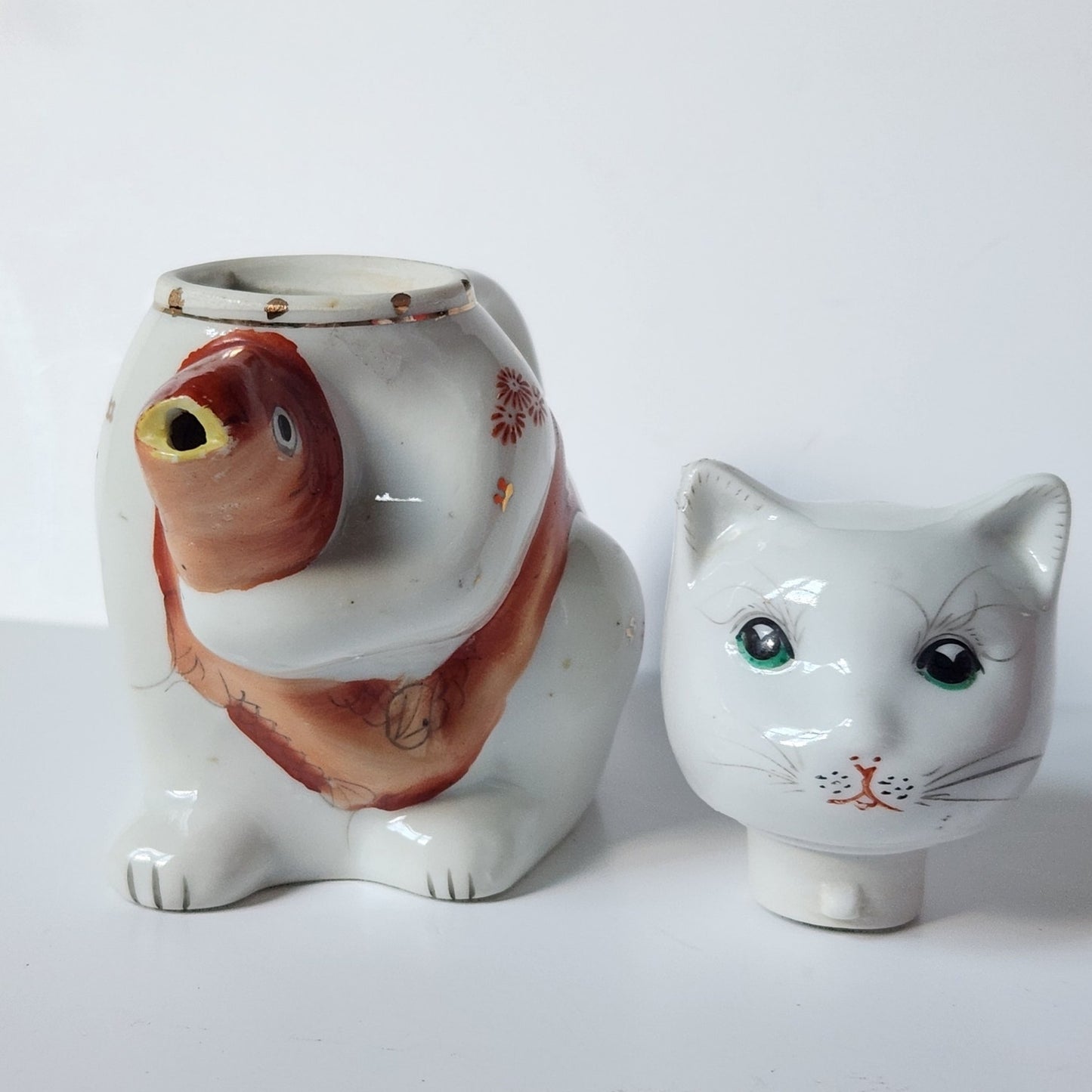Vintage Cat & Koi Porcelain Teapot • Hand-Painted Lid/Spout • Metallic Gold