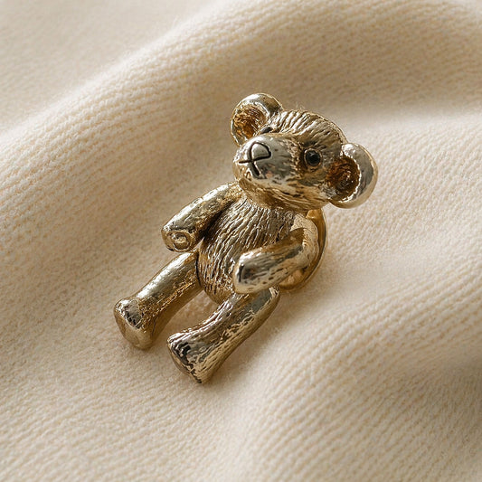 Vintage Teddy Bear Lapel Pin | 1980s/90s Metallic Gold Tone Articulated