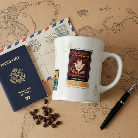 RARE 2003 Starbucks Barista “Coffee Stamp Collection” Mug – Panama • Sumatra • Mocha Java • Yukon – Postal Mark Graphics