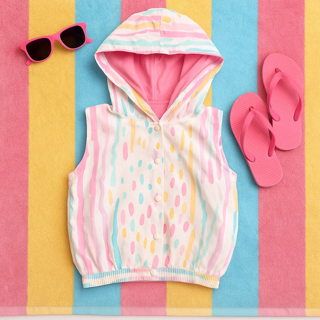 Vintage 1980s Girls Sleeveless Hooded Vest | Size 5T 5/6 | Pastel Confetti Print | Snap Button Front | Retro Summer Outerwear