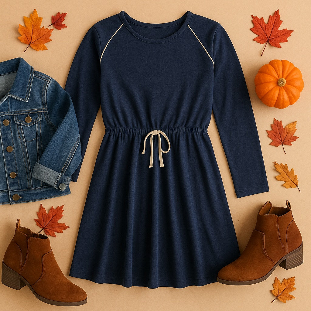 Girls Blue Long Sleeve Drawstring Waist Gold Trim Skater Dress | Size 13-14Y