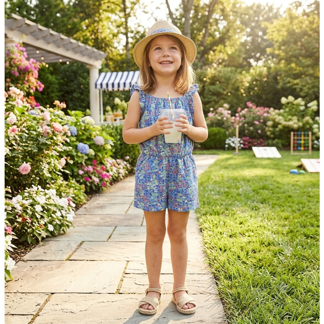 Tea Collection Girls Blue Cotton Floral Ruffle Strap Romper Jumper | Size 5