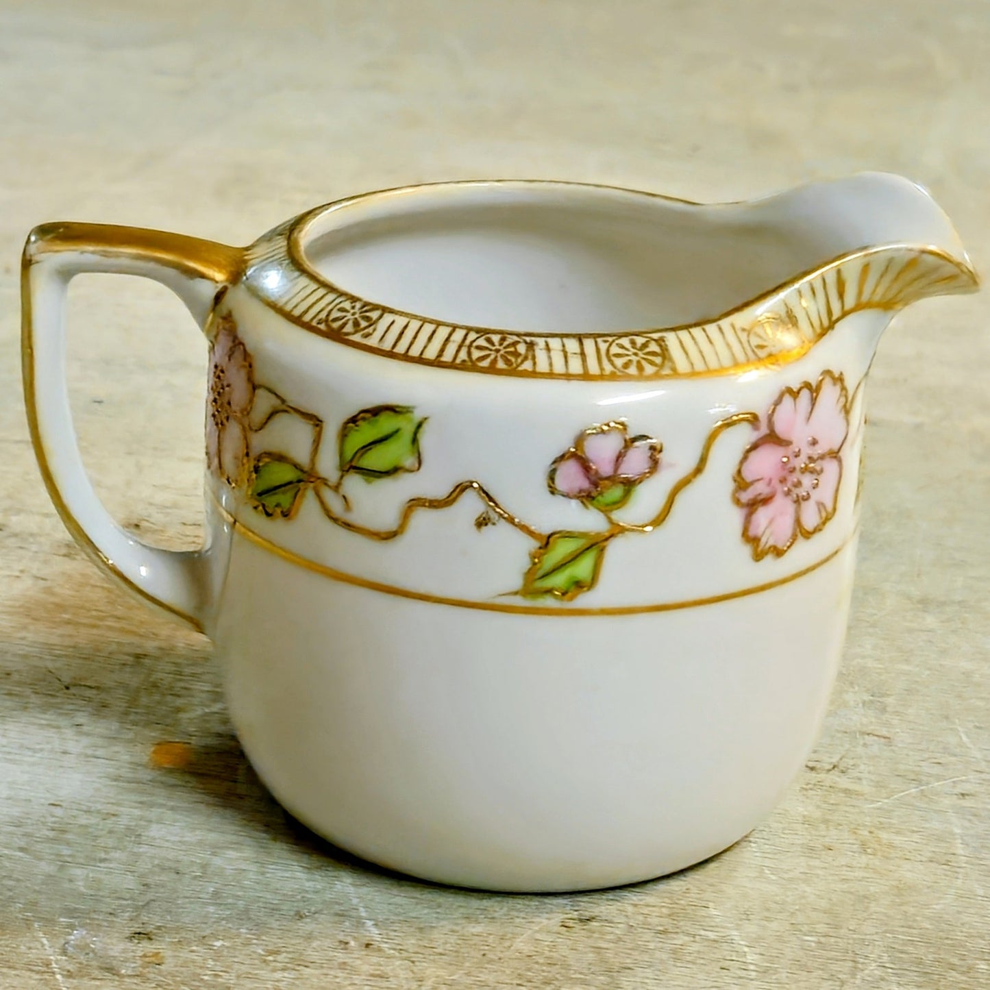 Antique Japanese Nippon Porcelain Cherry Blossom Creamer & Covered Sugar Bowl