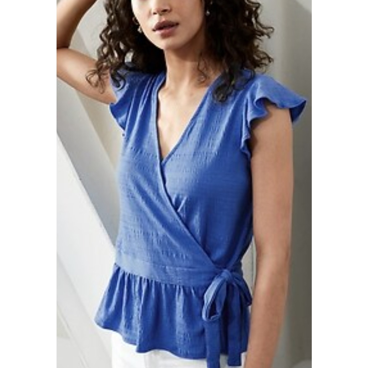 Banana Republic Women's Cornflower Blue Crinkle Wrap Flutter Top Size Large