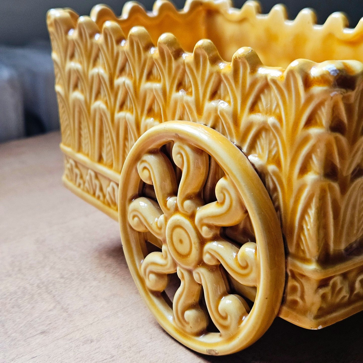 Mid-Century Art Deco Wagon Planter  1940s–1950s Ceramic | Architectural Relief | Honey Glaze