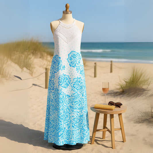 Lilly Pulitzer Women's Pearl Soft Blue Maxi Halter Dress – Size 8 – Resort Elegant