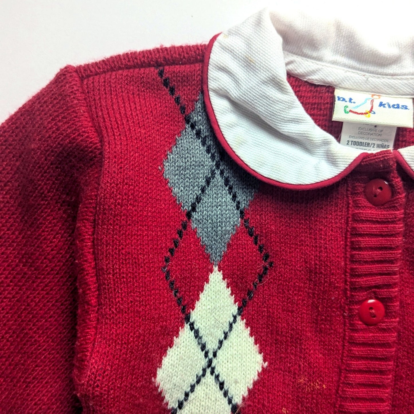 Vintage 90s Toddler Girl’s Red Scottie Dog Cardigan – B.T. Kids 2T – Argyle Sweater with Peter Pan Collar & Plaid Bows