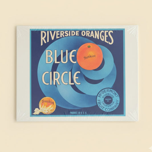 Vintage Style Riverside Oranges Blue Circle Print – 14x11 California Citrus Crate Label Art – Mid Century Kitchen Wall Decor