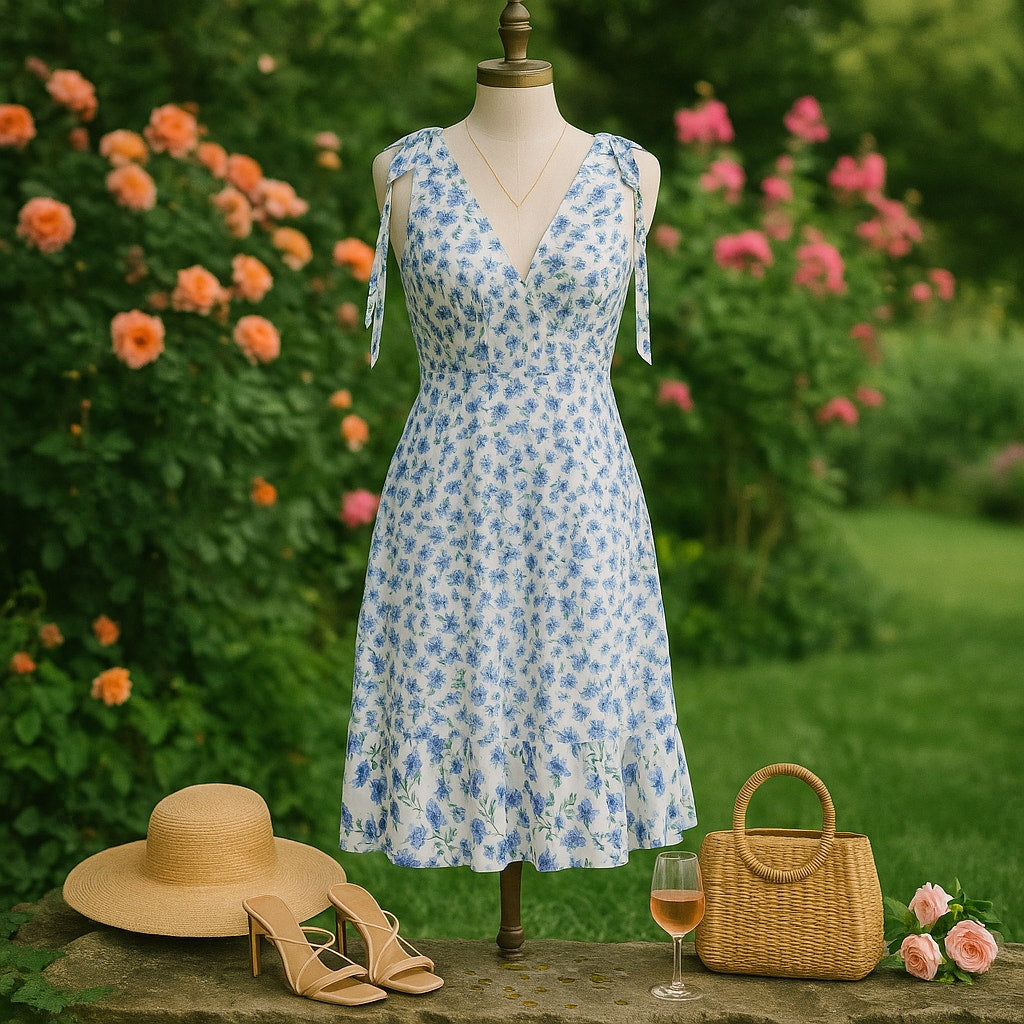 Shoshanna Helena Dress | Blue Floral Midi | Size 8 | Sleeveless Lightweight Viscose