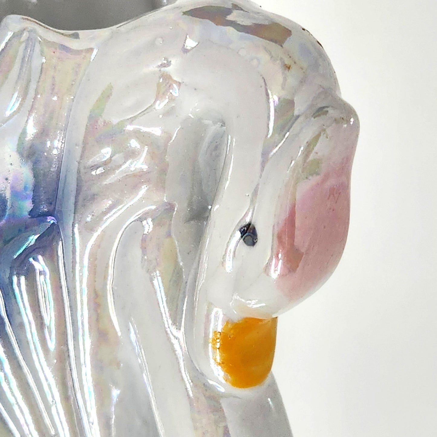 Vintage MCM Swan Vase – Iridescent Ceramic Swan Planter with Pastel Flowers