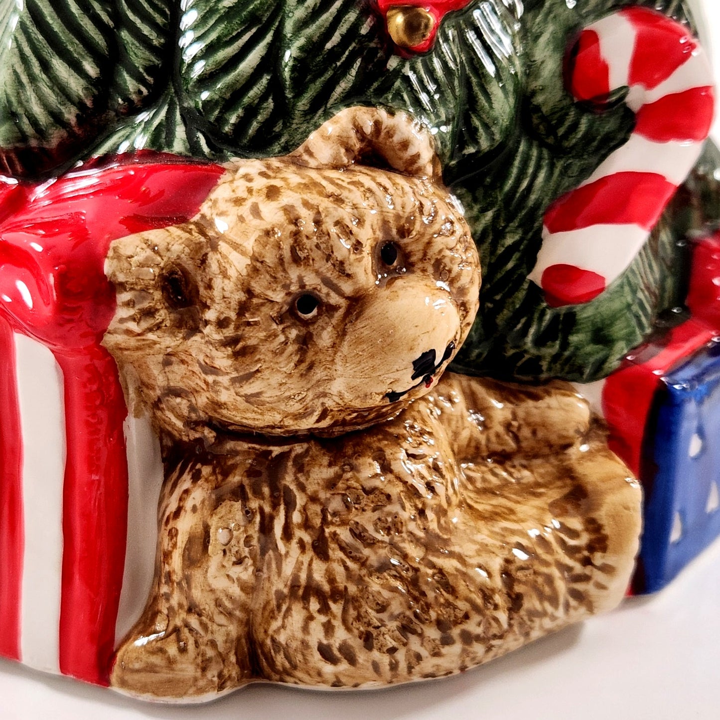 1994 Christmas Tree Ceramic Pitcher with Candy Cane Handle, Teddy Bear & Gift Box Details