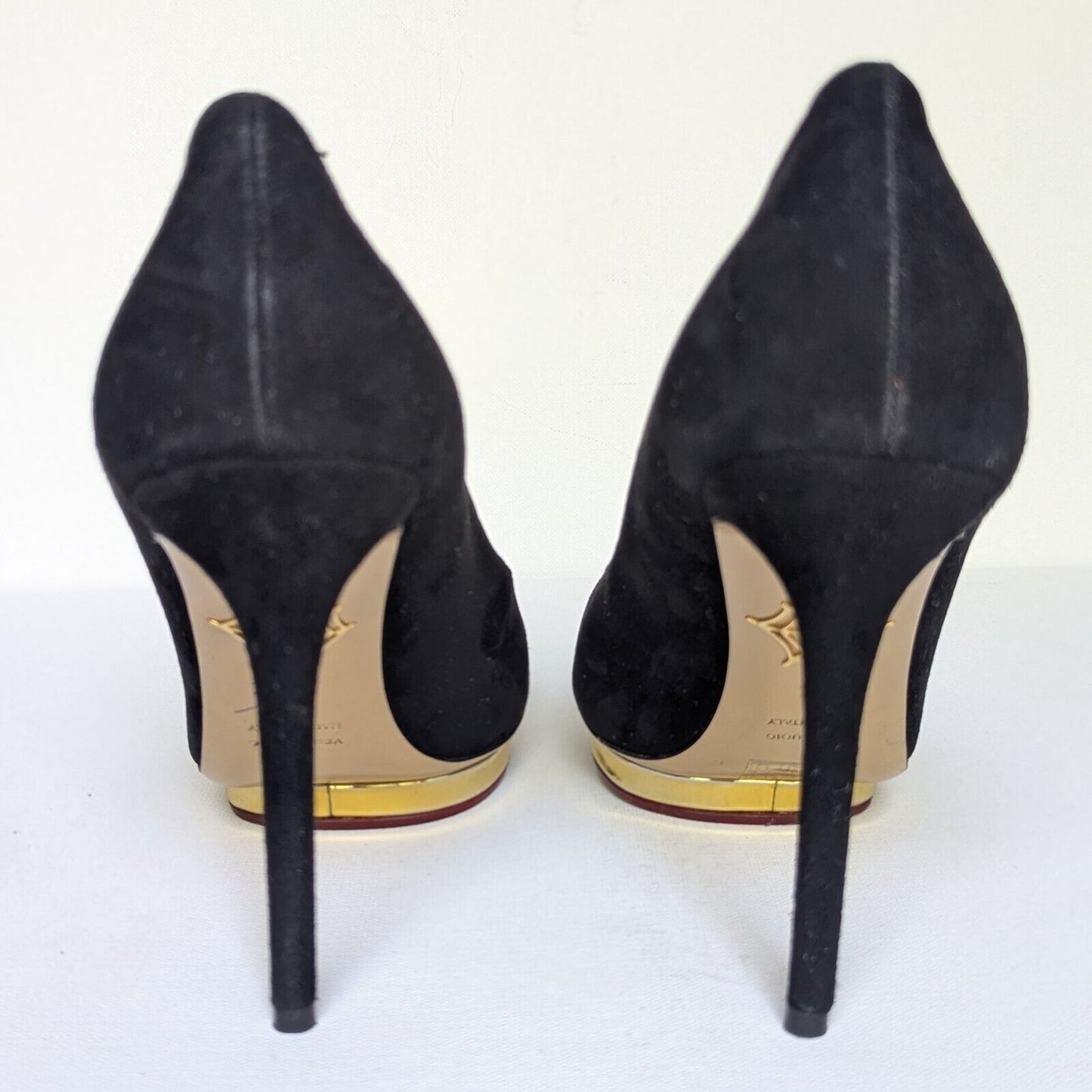 Charlotte Olympia Black Suede & Gold Debbie Pumps Size 39 | 8.5 Made in Italy