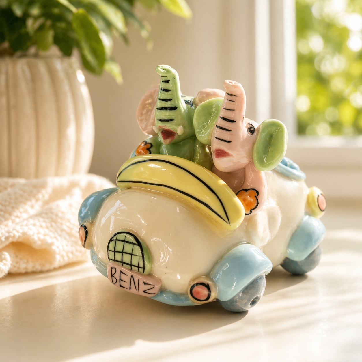Vintage Ceramic Elephant Car Figurine