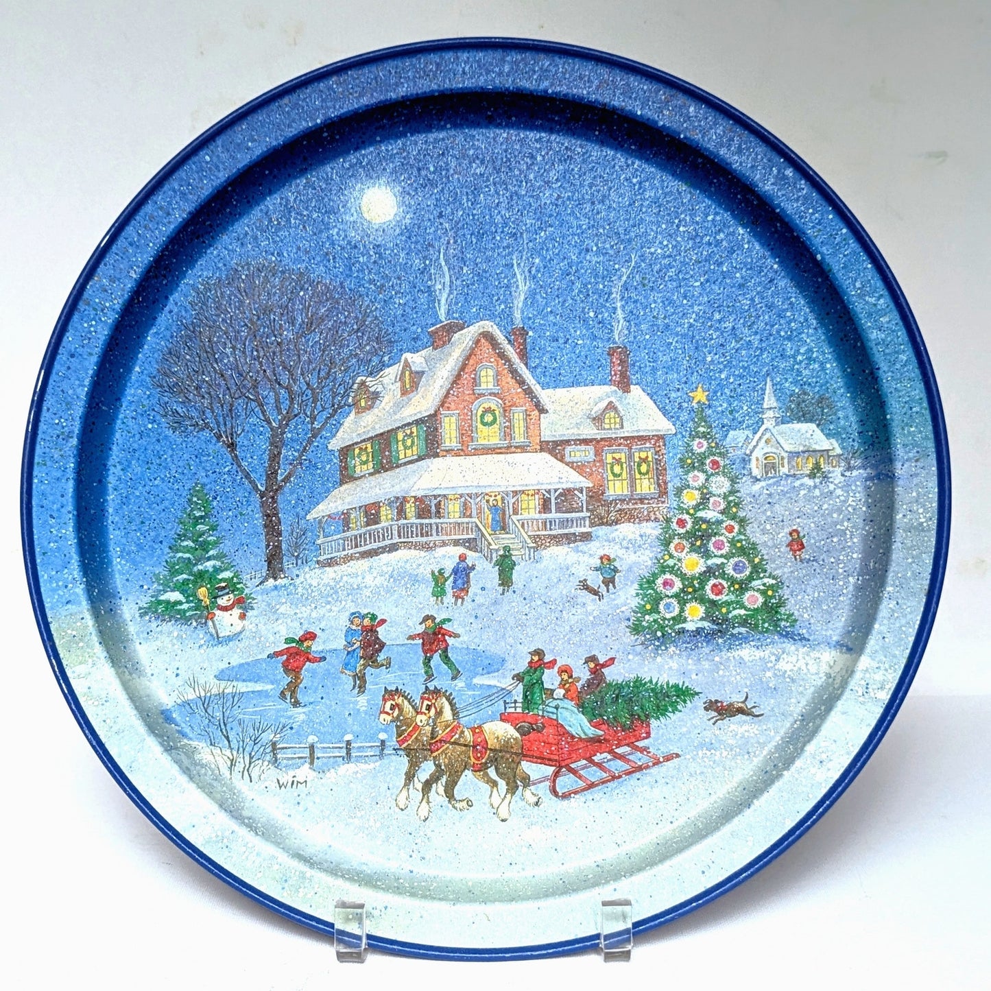 Vintage 1980s Potpourri Press Christmas Tray – Winter Scene with House, Sleigh & Tree, Signed WIM Schimmer, Holiday Home Collectible