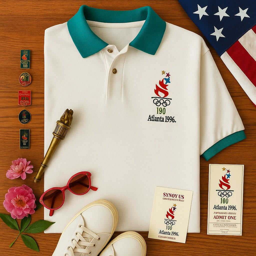 Vintage 1996 Atlanta Olympics White Teal Polo Shirt | Size XL | Hanes USA Official