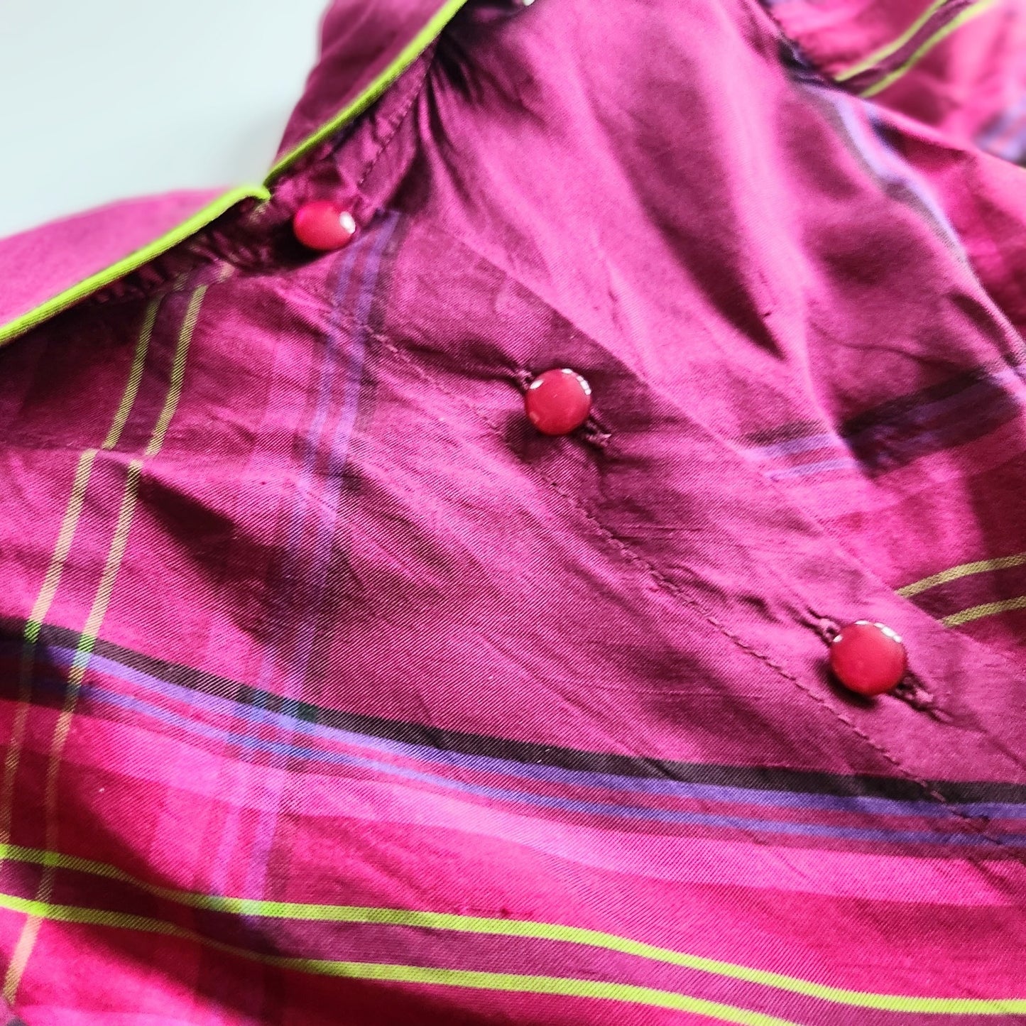 Lilly Pulitzer Vintage 1990s Girls Silk Plaid Dress – Size 5 | Purple & Green Taffeta Party Dress with Puff Sleeves and Grosgrain Ribbon