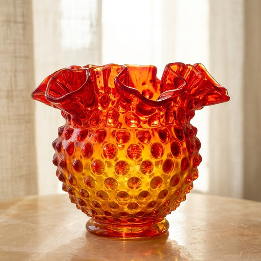 Vintage Amberina Hobnail Glass Rose Bowl