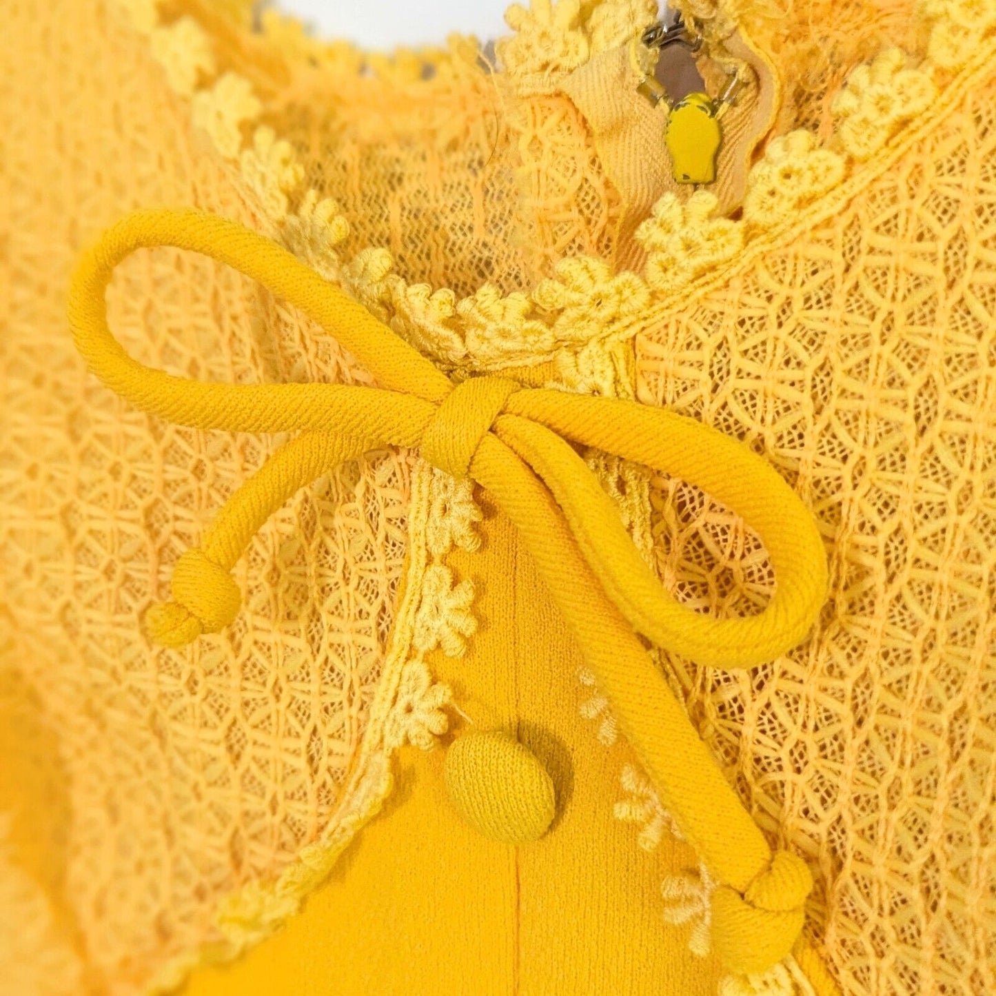 Vintage 1960s Marigold Yellow Maxi Dress | Empire Waist Lace Bodice with Daisy Trim & Bow | Boho Hippie Festival Gown | Women's Size M