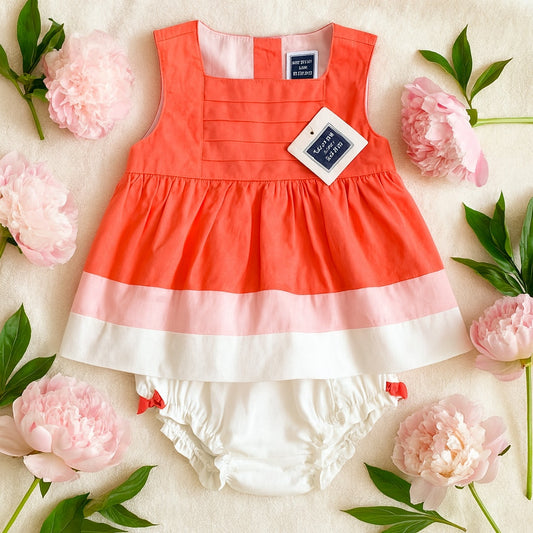 ✨ Janie and Jack Coral & Peach Batiste Baby Dress w/ Bow + Bloomers | Size 6-12M | NWT