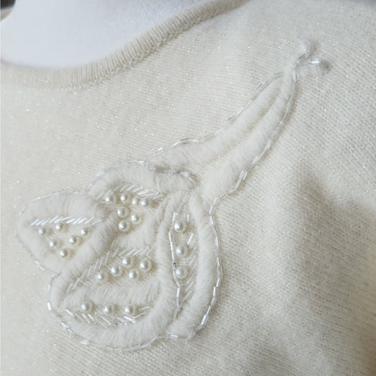 L’eau Vive 1980s Vintage Beaded Ivory Wool & Angora Sweater