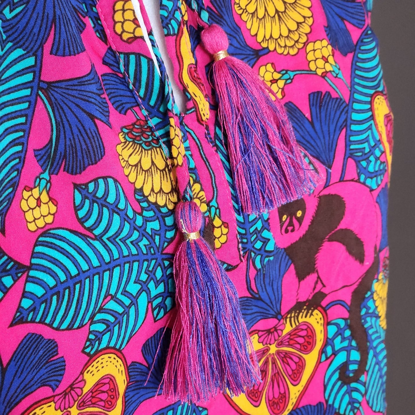 Rose + Olive Tropical Monkey Print Boho Tassel Flutter Sleeve Blouse Size L