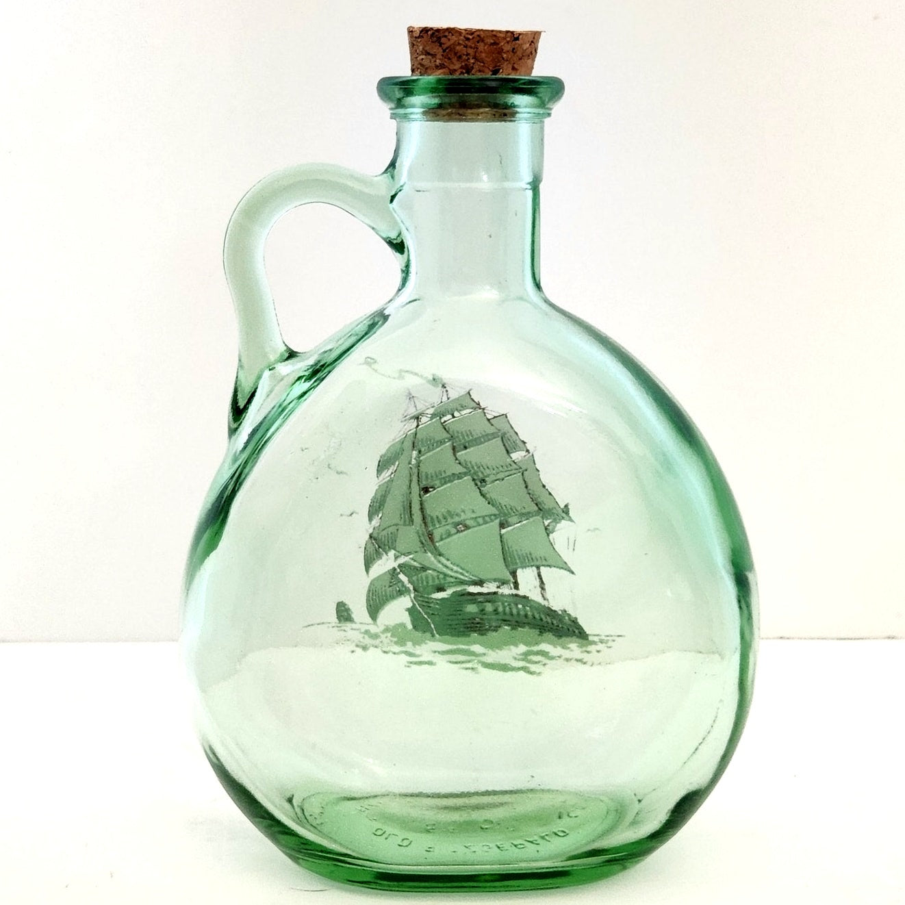 MCM Vintage Old Fitzgerald Green Glass Flagship Decanter Bottle – Tall Ship Design – Collectible Nautical Barware