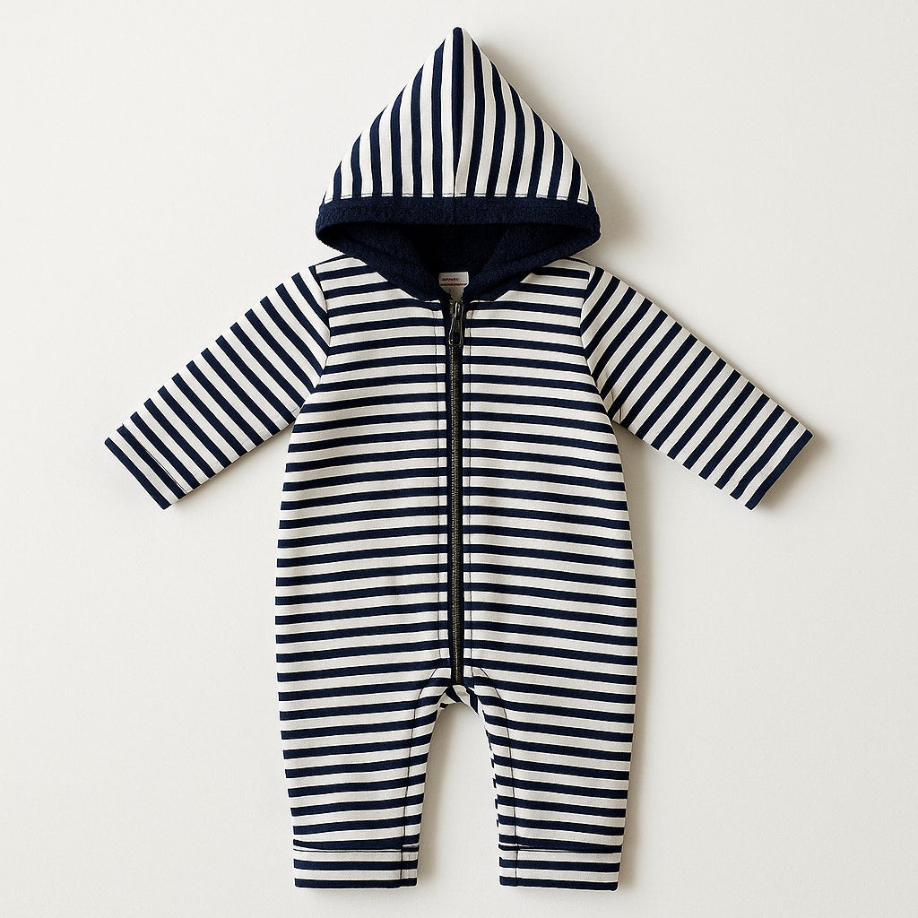 Reversible Striped Hooded Baby Fleece Bunting Coat | Navy Blue & White | Size 60 (3–6 Months)