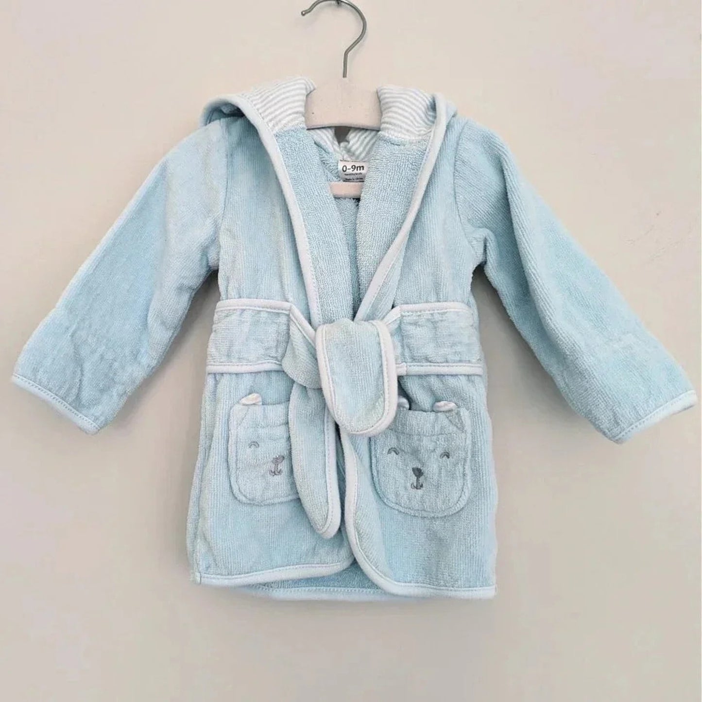 Baby Animal Terry Cloth Bath Robe Light Blue Striped Lining 0-9 months