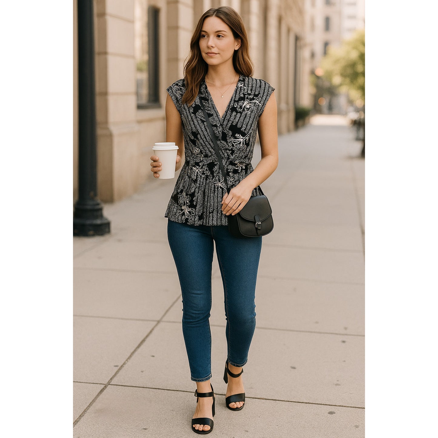 Anthropologie Deletta Lorine Faux Wrap Top | Black White Floral Chevron | Women's M