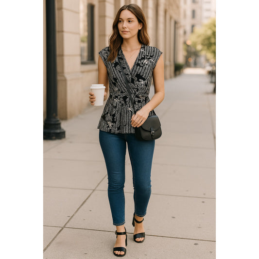 Anthropologie Deletta Lorine Faux Wrap Top | Black White Floral Chevron | Women's M