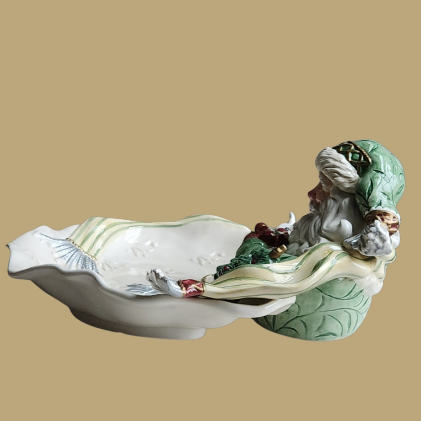 Fitz & Floyd Gregorian Santa Figural Serving Bowl – 14” Round Christmas Centerpiece – Vintage 1990s/2000s