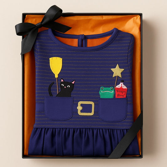 Mini Boden Girls Halloween Witch Dress Tulle Party Starboard Blue Cat Frog Vampire Blood Size 7-8Y