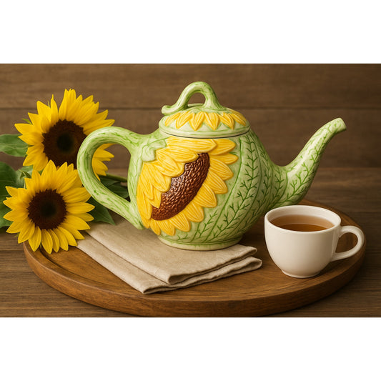 Vintage Seymour Mann Sunflower Teapot | 1991 | Hand Painted Faience Yellow Green Ceramic | Home