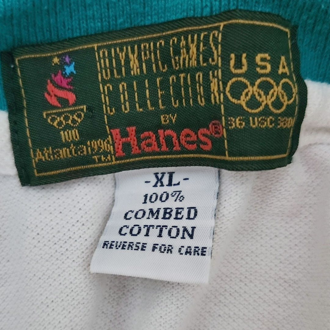 Vintage 1996 Atlanta Olympics White Teal Polo Shirt | Size XL | Hanes USA Official