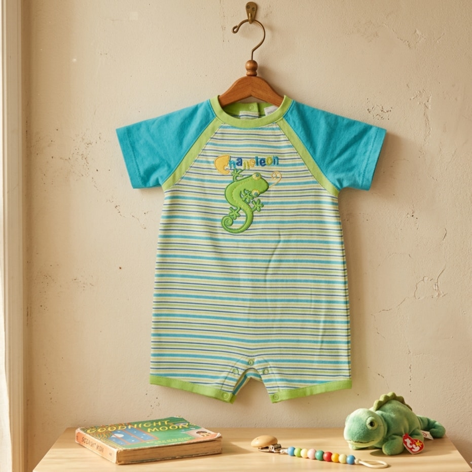 Vintage Okie Dokie Chameleon Baby Romper – 18M Y2K Striped Cotton One Piece