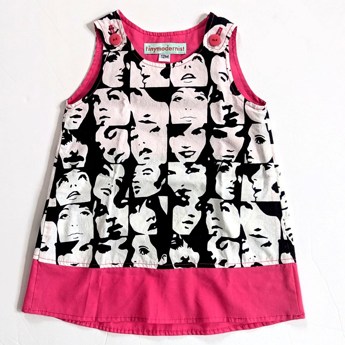 Tiny Modernist Retro Faces Baby Go-Go Dress – Pink, Black & White – Size 12 Months