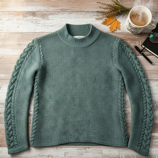 Green Cable Knit Wool Blend Sweater | Made in Ireland | Women's S