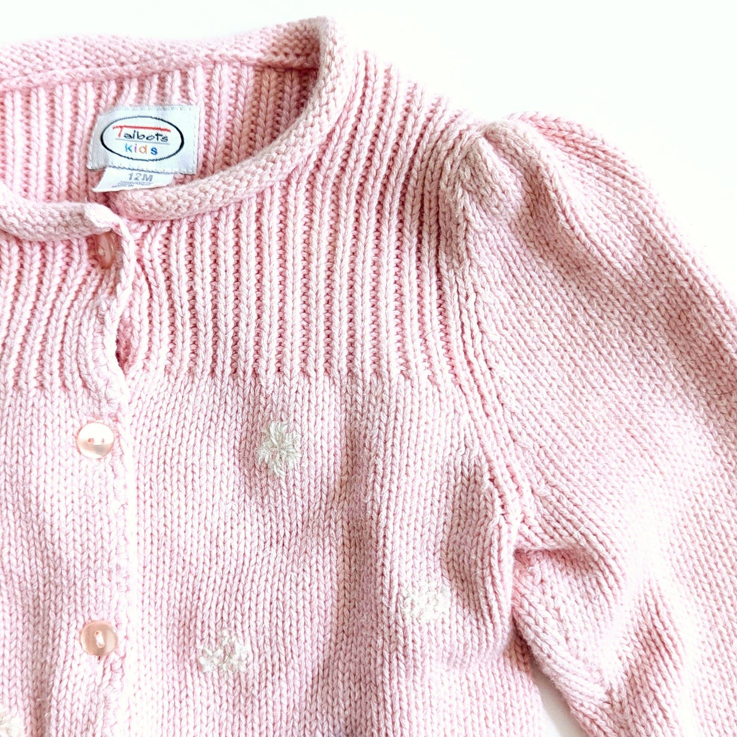 Talbots Kids Vintage 1990s Baby Girl Winter Cardigan | Pink Cotton Knit Sweater with Snowman Appliques | Puff Sleeves 12M | Eczema-Friendly