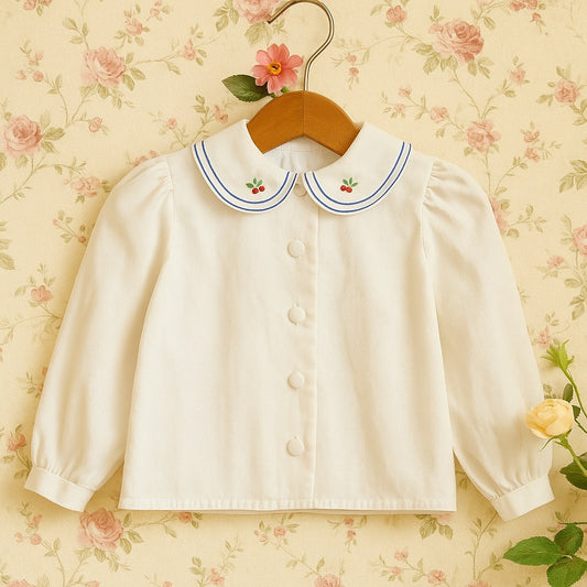 Plum Pudding Ltd. Girls Vintage Blouse | 1980s White w/ Apple Embroidered Collar | Made in USA | Classic Cottagecore Kids Clothing | Size 6