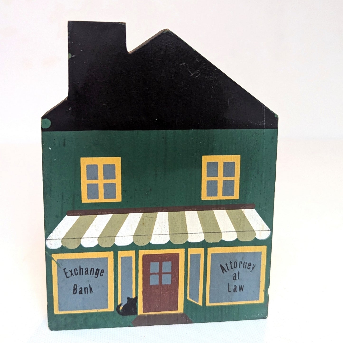 Cat’s Meow Village 1984 Attorney & Bank Green House Shelf Sitter – Vintage 1985 Signed Faline Jones Wooden Home Collectible