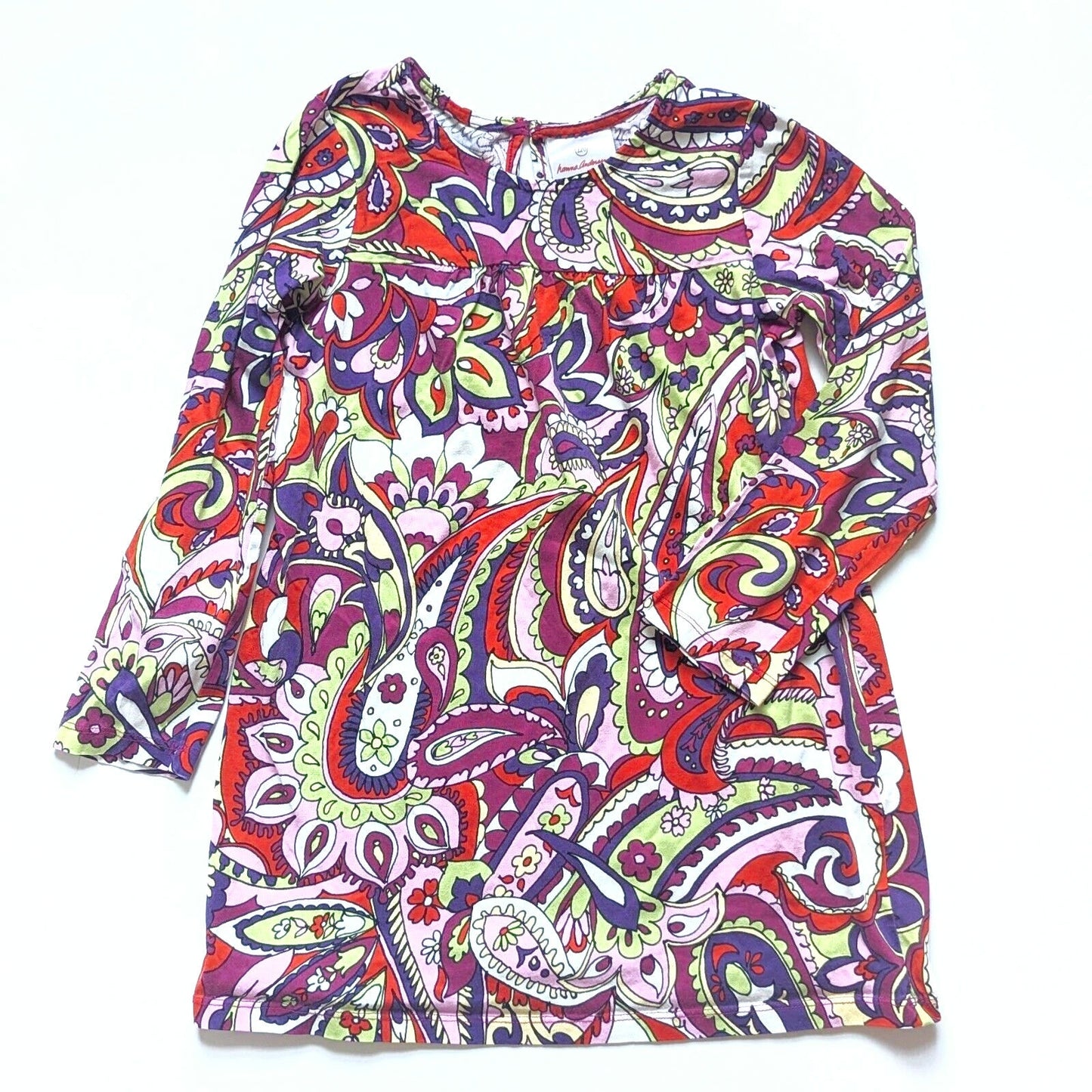 Hanna Andersson Girls Mod Paisley Long Sleeve Dress | Size 120 (6–7) | Retro Red Purple Green | Cotton