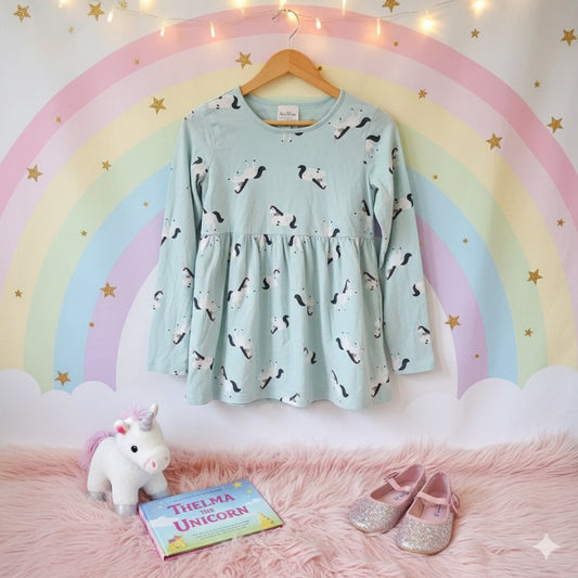 Hanna Andersson Unicorn Popover Dress | Mint Aqua Long Sleeve 100% Cotton | Girls Size 12 / 150 cm