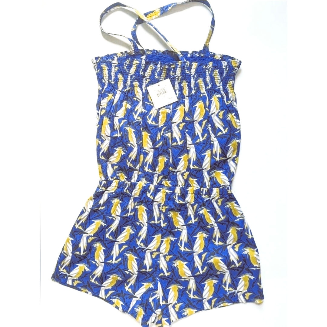 Juicy Couture Girls 12 Romper Cobalt Glow Tropical Print Smocked Bodice NWT