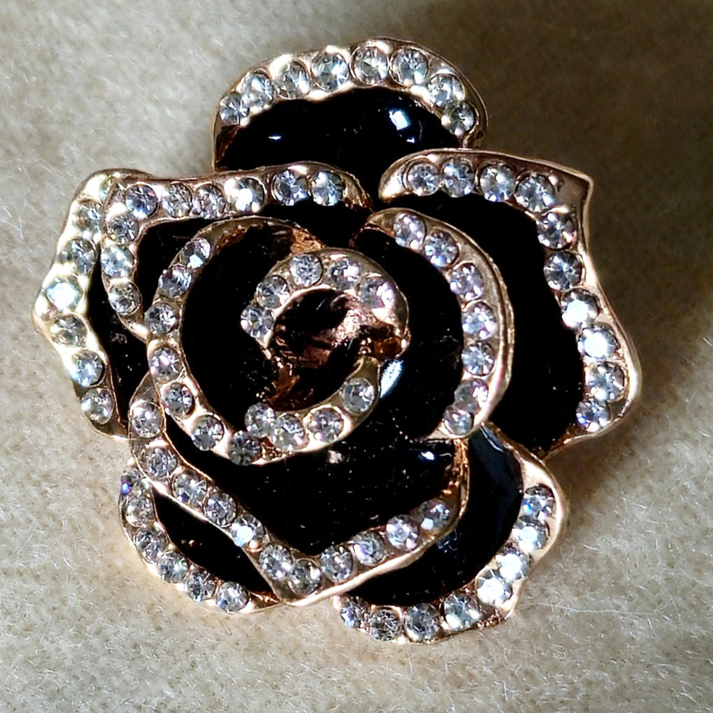 Vintage Rose Gold Tone Rose Brooch | 1990s Black Enamel & Rhinestone Flower Pin